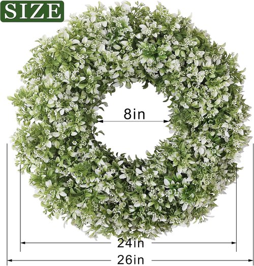 Aglaia Odorata 26" Artificial Boxwood Wreath - Large Faux Eucalyptus Leaves for Year-Round Outdoor Decor | White-Green