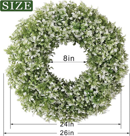 Aglaia Odorata 26" Artificial Boxwood Wreath - Large Faux Eucalyptus Leaves for Year-Round Outdoor Decor | White-Green