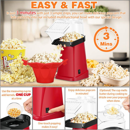 Skiennix Hot Air Popcorn Popper - Fast 1200W Machine with Bowl, Measuring Cup & Butter Tray | Perfect for Parties
