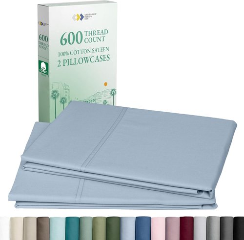 Luxuriously Soft 600 Thread Count Cotton Pillowcases - Set of 2 in Blue | Fits Standard & Queen Pillows