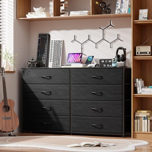 Furnulem Wide Dresser - 8 Fabric Drawers & Wood Top | TV Entertainment Center for 55'' TV (Black Oak)