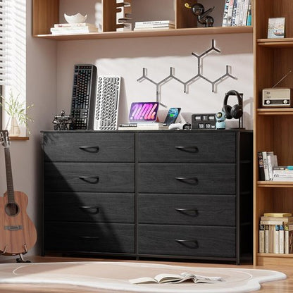 Furnulem Wide Dresser - 8 Fabric Drawers & Wood Top | TV Entertainment Center for 55'' TV (Black Oak)
