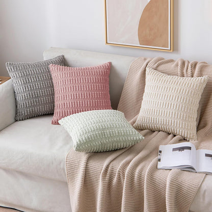 MIULEE Corduroy Throw Pillow Covers - Soft Boho Striped Design | 18x18 Inch Blush Pink Decor for Sofa & Bed