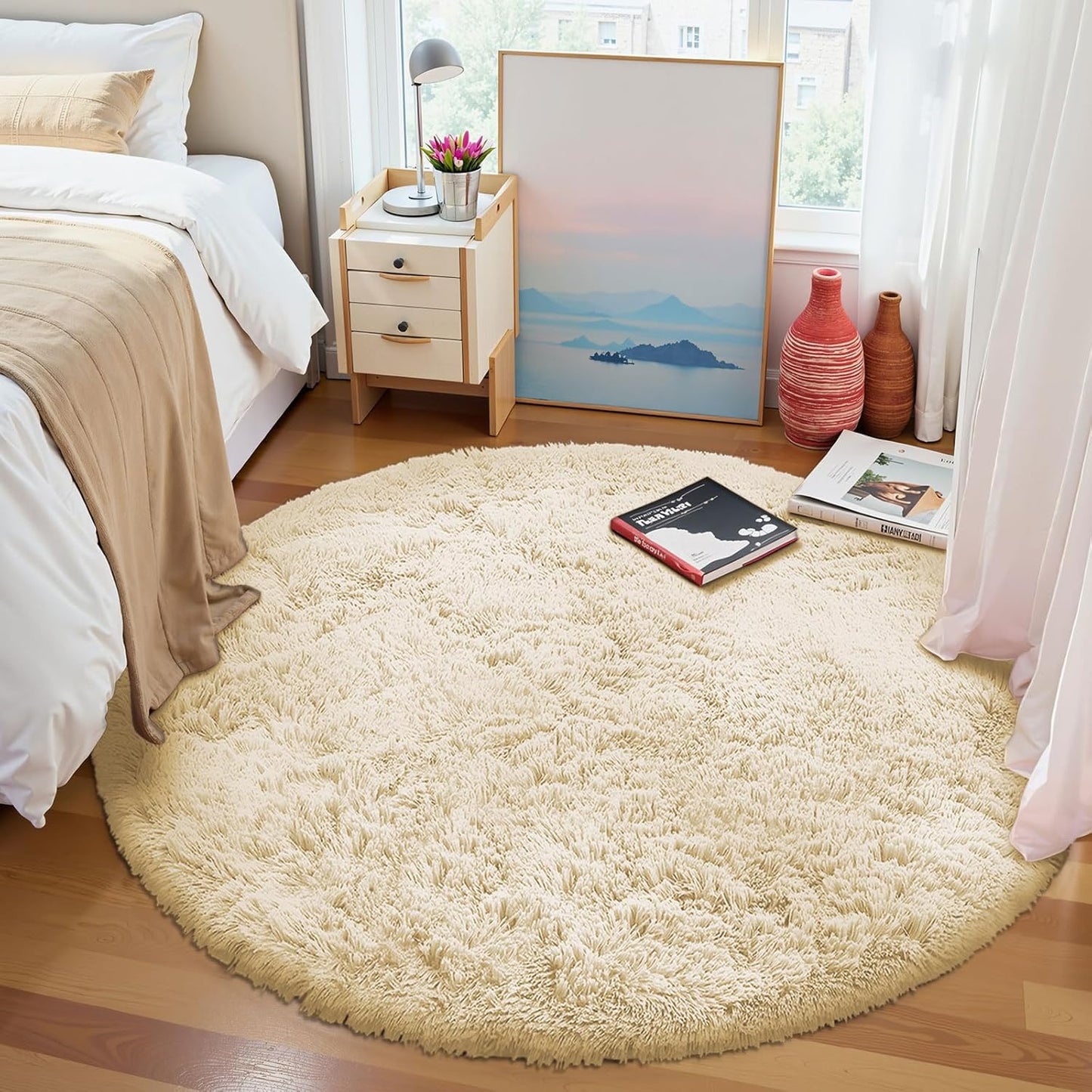 OLANLY Cream Round Area Rug - Soft, Fluffy, Machine Washable 4 ft Circle Carpet for Bedroom & Nursery Decor