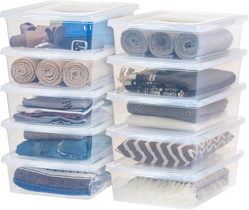 IRIS USA Storage Bins - 10-Pack Clear Stackable Containers with Lids for Organizing Shoes & Classroom | 28 Quart