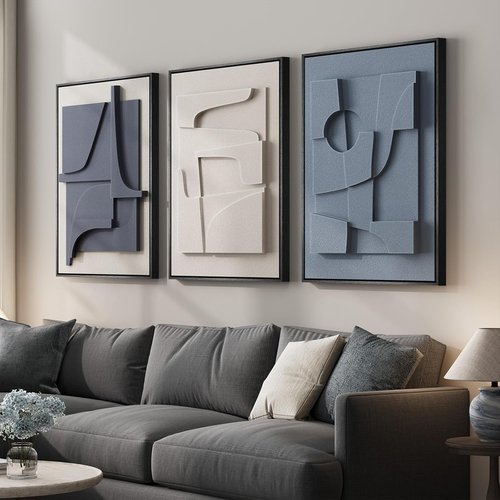 Framed 3D Textured Blue and White Abstract Wall Art by [Brand Name] - Modern 3 Piece Set for Living Room, Bedroom, Office | 20x30 In