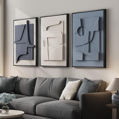 Framed 3D Textured Blue and White Abstract Wall Art by [Brand Name] - Modern 3 Piece Set for Living Room, Bedroom, Office | 20x30 In