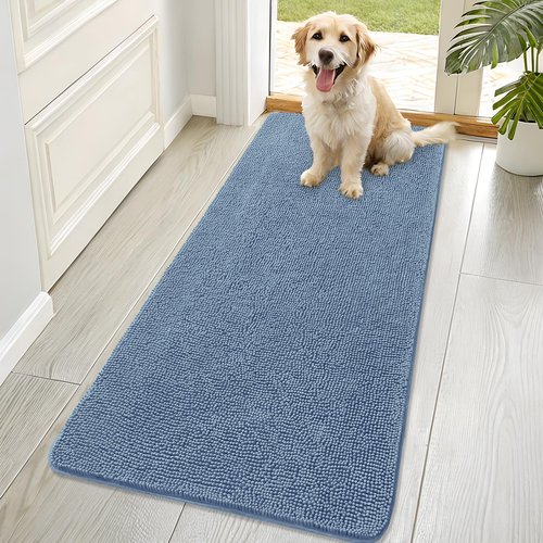 OLANLY Dog Door Mat for Muddy Paws 70x32, Absorbs Moisture and Dirt, Absorbent Non-Slip Washable Doormat, Quick Dry Chenille Mud Mat for Dogs, Entry Indoor Entryway Carpet for Inside Floor, Airy Blue