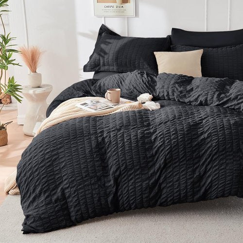 HYMOKEGE Comforter Set - Luxurious Black Seersucker 7-Piece Bedding Set for All Seasons | Includes Sheets & Pillowcases