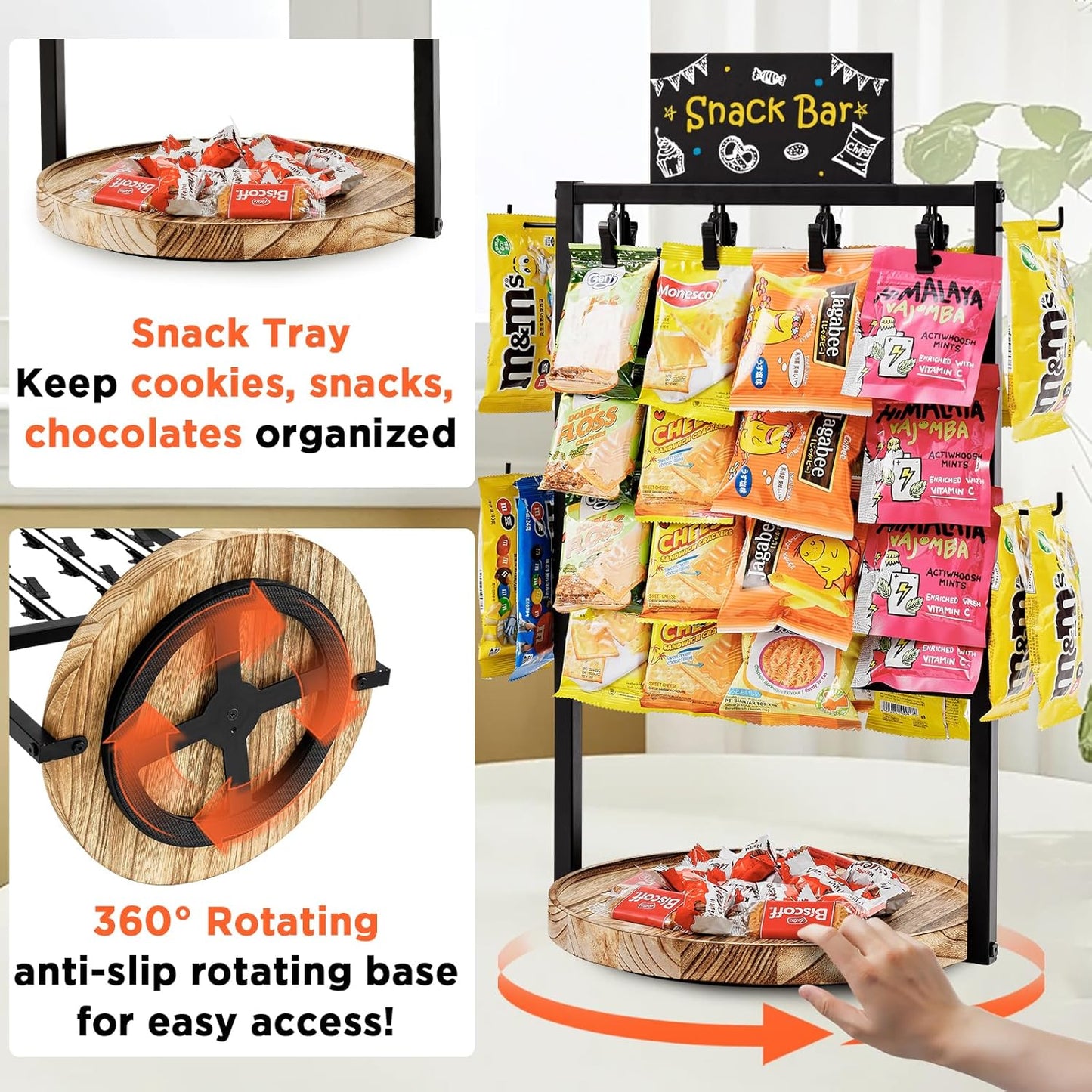 Poyilooo Snack Bar Display Rack - 4-Tier 360° Rotating Clip Organizer for Candy & Snacks | Black