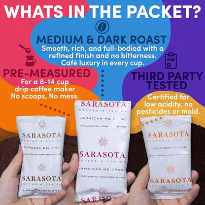 Coffee Packets Sampler - Gourmet Variety Pack of Ground Coffee | Medium Dark & Flavored Roasts, Low Acid, 2oz Bags