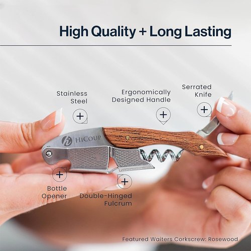 Hicoup Wine Opener - Professional Corkscrews for Wine Bottles w/Foil Cutter and Cap Remover - Manual Wine Key for Servers, Waiters, Bartenders and Home Use - Stainless Steel w/Ying Yang Resin Inlay
