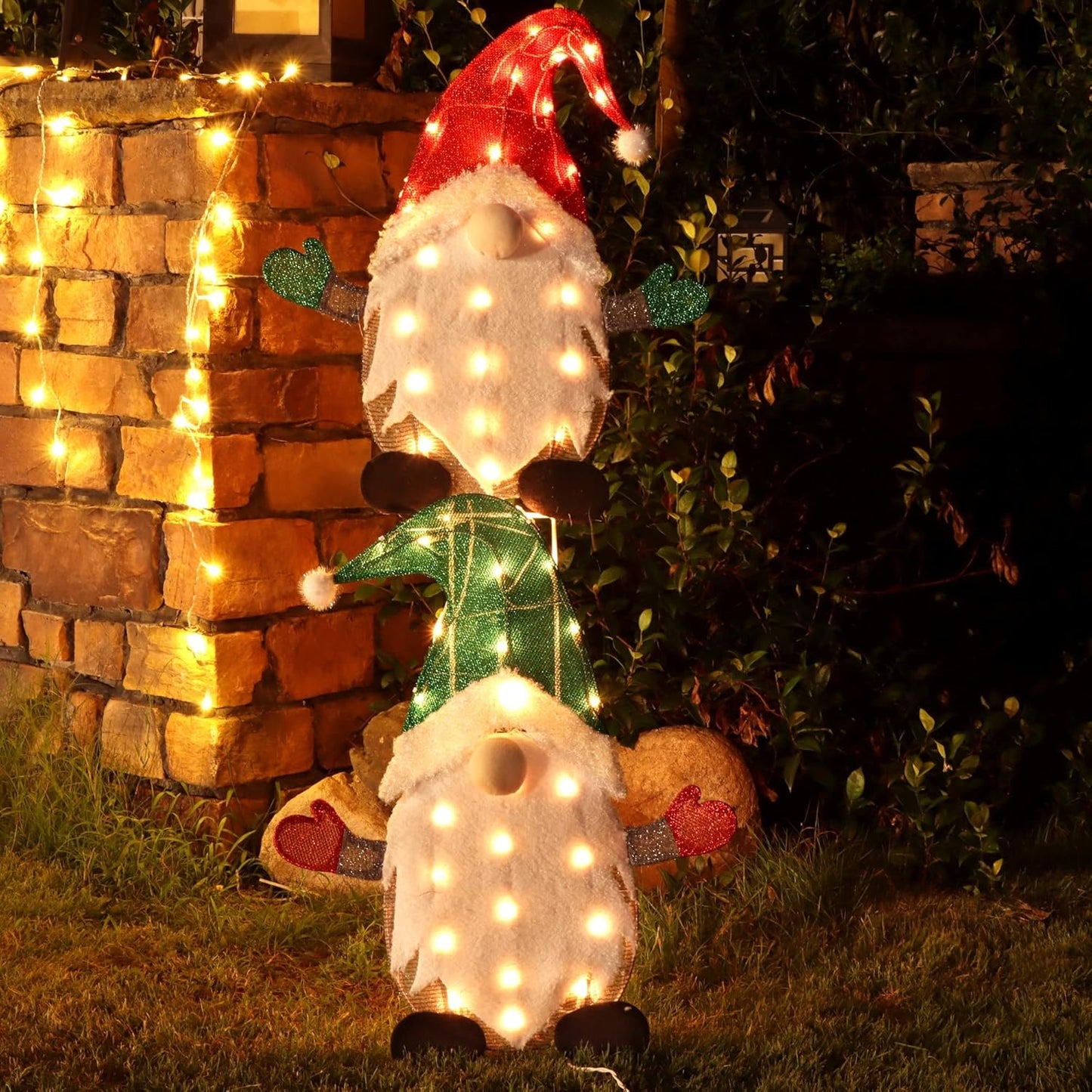 Waterglide Lighted Christmas Tinsel Gnomes - 24 Inch Pre-Lit 2D Stacked Holiday Decorations | Indoor/Outdoor Garden Decor