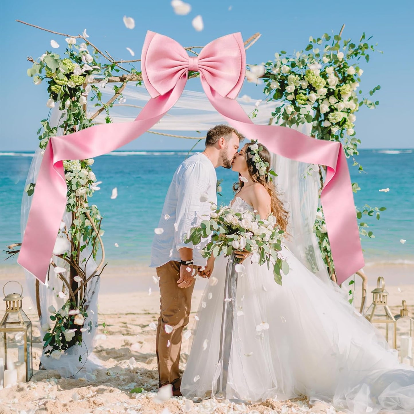 Vovoir Giant Bow Decoration - 75x18 Inch Pink Satin Bow Set with 10 Decorative Ribbons for Weddings & Parties