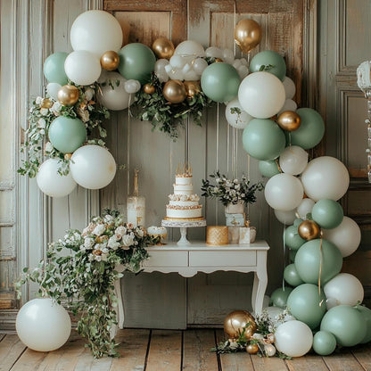 PartyWoo Balloon Arch Kit - Sage Green 152pcs Set with Olive, Dusty Green & Gold Confetti for Baby Showers & Birthdays