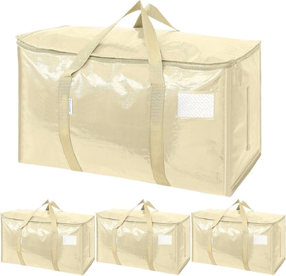 TICONN Extra Large Moving Bags - Heavy Duty Storage with Zippers & Handles | 4 Pack, Cream