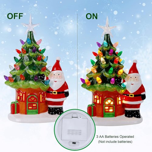 Juegoal Lighted Ceramic Christmas Tree - 11" Pre-Lit Tabletop Decoration with Santa & Multicolor Bulbs