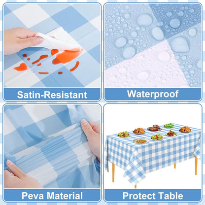 Skiennix Blue Gingham Tablecloths - 3 Pack Disposable Scalloped Design | 54 x 108 Inch for Events