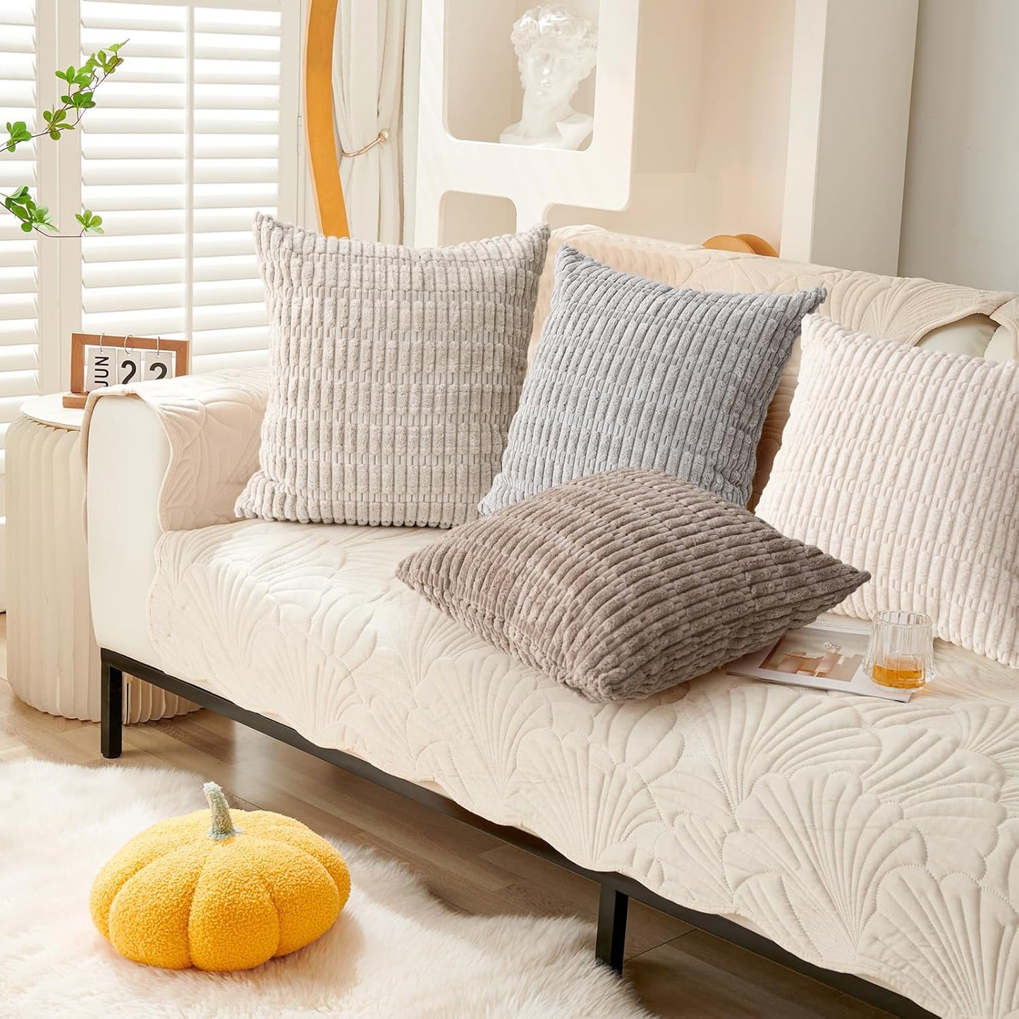 Skiennix Throw Pillow Covers - Soft Boho Striped Corduroy | 18x18 Inch, 2-Pack for Modern Home Decor