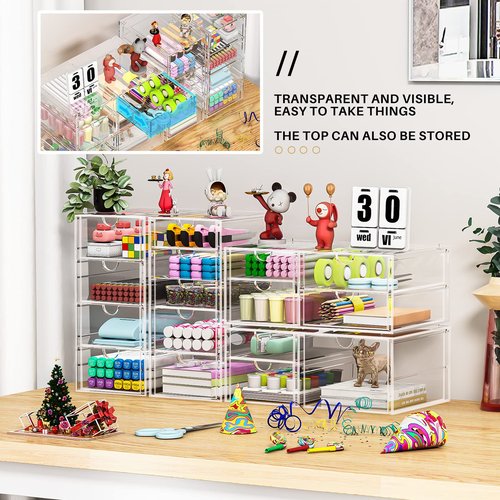 caktraie Makeup Organizer Storage with 16 Drawers, 4 Pcs Desktop Office Supplies, Desk Organizers, Clear Accessories, Dustproof Storage Drawer and for Make Up, Jewelry, Pen, Stationary