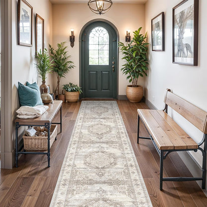 Skiennix Washable Extra Long Hallway Runner Rug - Non-Slip, Stain Resistant, Soft Carpet | Beige, 3x20 ft