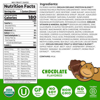 Orgain Organic Kids Protein Shake - Chocolate Flavor, 8g Dairy Protein, Gluten-Free, 12-Pack (8.25 Fl Oz)