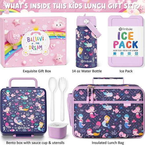 Fimibuke Kids Bento Lunch Box Set - 4 Compartments, Insulated Bag & Stainless Steel Bottle | Perfect Birthday Gift for Ages 3-12
