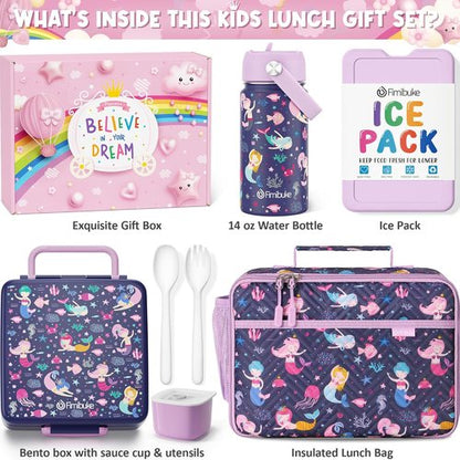 Fimibuke Kids Bento Lunch Box Set - 4 Compartments, Insulated Bag & Stainless Steel Bottle | Perfect Birthday Gift for Ages 3-12