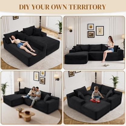 Repantes 95" L Shaped Boneless Sectional Couches, Wide Armrest, Deep Seat, Memory Foam, Assembly Free, Modern Comfy Corduroy Fluffy Cloud Sofa with Left Chaise for Living Room, Small Spaces, Black