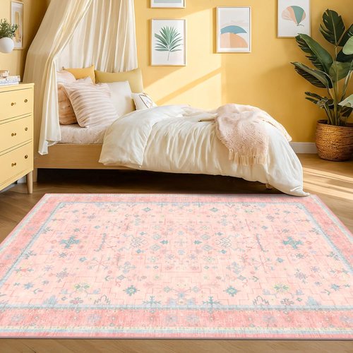Hazo Haus Washable 5x8 Boho Aesthetic Area Rug - Pink & Blue Vintage Design for Kids' Rooms