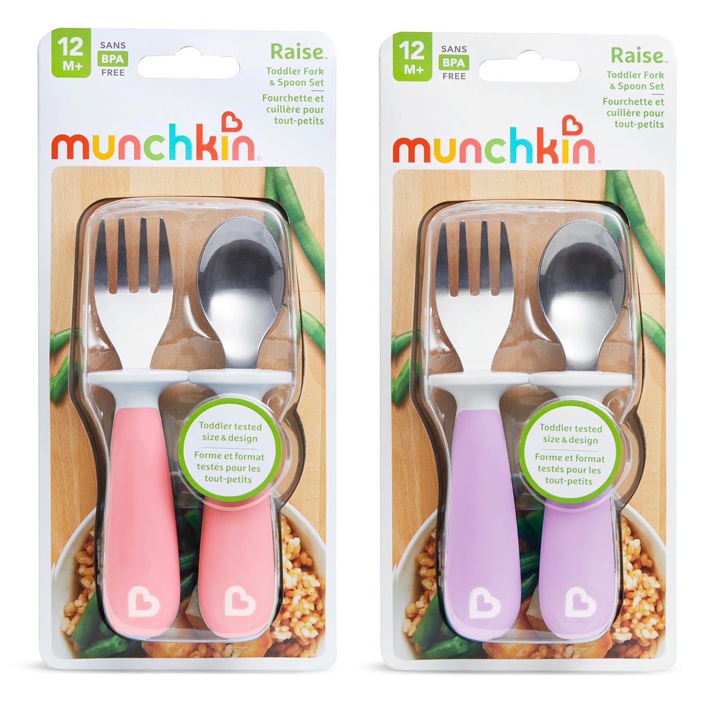 Munchkin® Raise™ Toddler Fork and Spoon Utensil Set - BPA Free, Rest Keeps Tips Off Table, 4 Pack, Pink/Purple