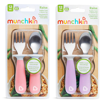 Munchkin® Raise™ Toddler Fork and Spoon Utensil Set - BPA Free, Rest Keeps Tips Off Table, 4 Pack, Pink/Purple