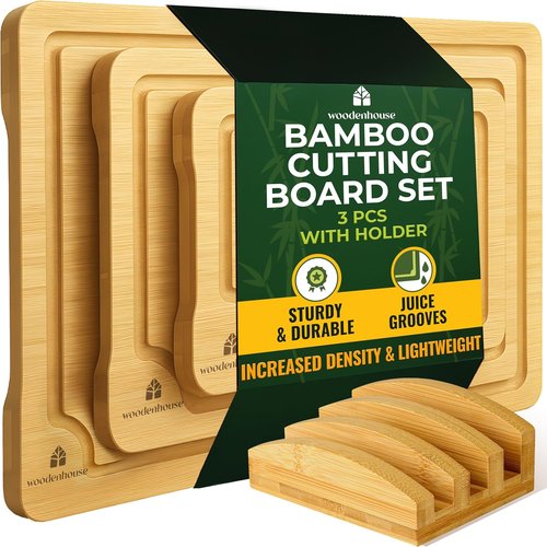 Bamboo Cutting Board Set - Thick, Durable Boards with Juice Grooves & Handles | Easy to Clean, Large Surface (Set of 3)