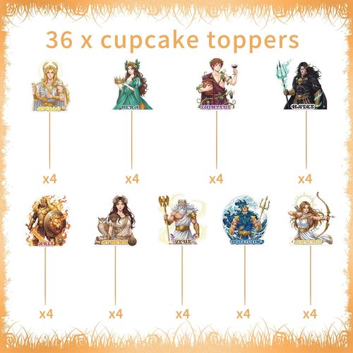 Greek Mythology Party Decorations - 36 Pcs Greek Gods Cupcake Toppers for Toga Birthday & Classroom Events