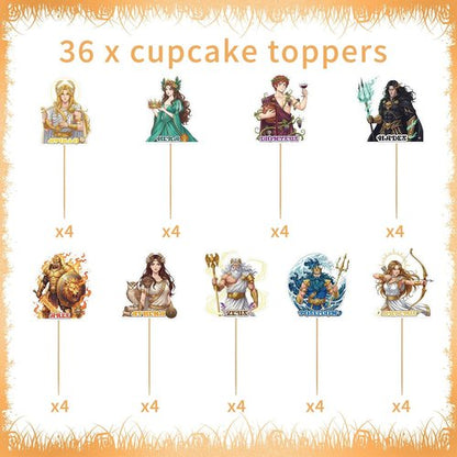 Greek Mythology Party Decorations - 36 Pcs Greek Gods Cupcake Toppers for Toga Birthday & Classroom Events