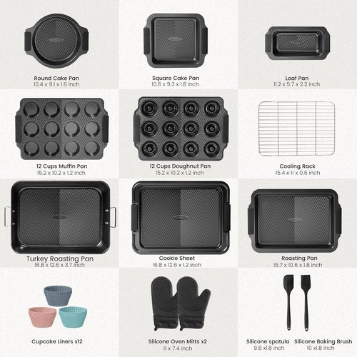 Kikcoin 25 PCS Non-Stick Baking Pans Set - Heavy-Duty Bakeware with Silicone Handles | Oven Safe to 450°F