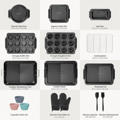 Kikcoin 25 PCS Non-Stick Baking Pans Set - Heavy-Duty Bakeware with Silicone Handles | Oven Safe to 450°F