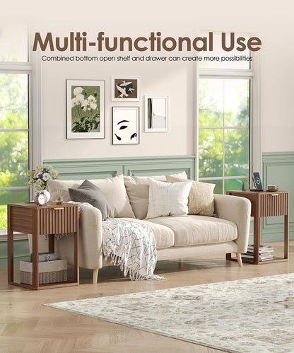 Nightstand Set 2 with Charging Station - Walnut Fluted Bedside Tables