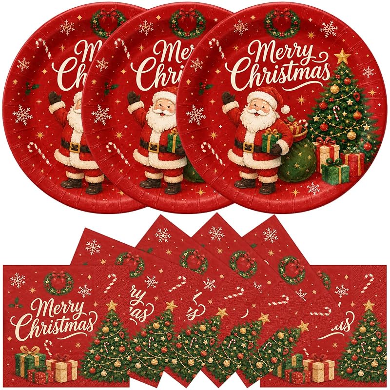 Christmas Plates and Napkins Set 50PCS 7 Inch - Santa & Trees Design Variation: Christmas
