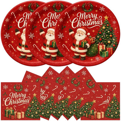 Christmas Plates and Napkins Set 50PCS 7 Inch - Santa & Trees Design Variation: Christmas