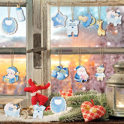 Baby's First Christmas Ornaments 24 Pcs Wooden Keepsake - Blue Boy, 12 Styles (Variation: Boy)