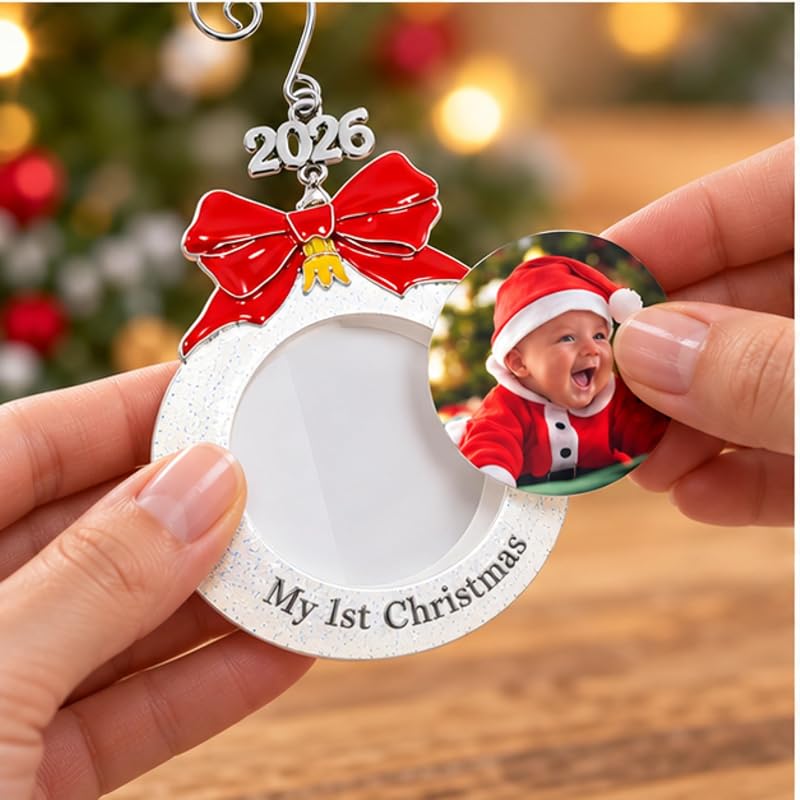 Baby’s First Christmas Photo Ornament Set of 3 - 3 Inch White Glitter Bulb, Red Bow & 2026 Charm (Variation: 3 Pack)