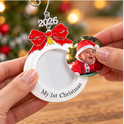 Baby’s First Christmas Photo Ornament Set of 3 - 3 Inch White Glitter Bulb, Red Bow & 2026 Charm (Variation: 3 Pack)