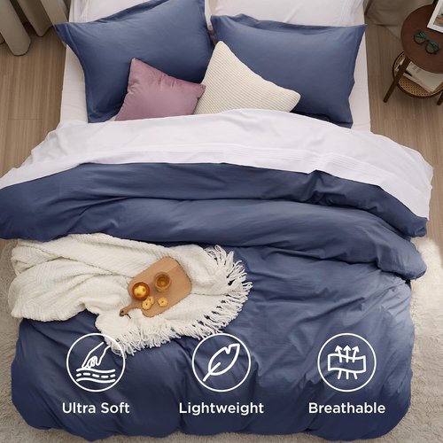 Bedsure Navy Blue Duvet Cover Set | Soft Prewashed Cotton-Like Polyester - Queen Size 3 Pieces (90x90 inches)