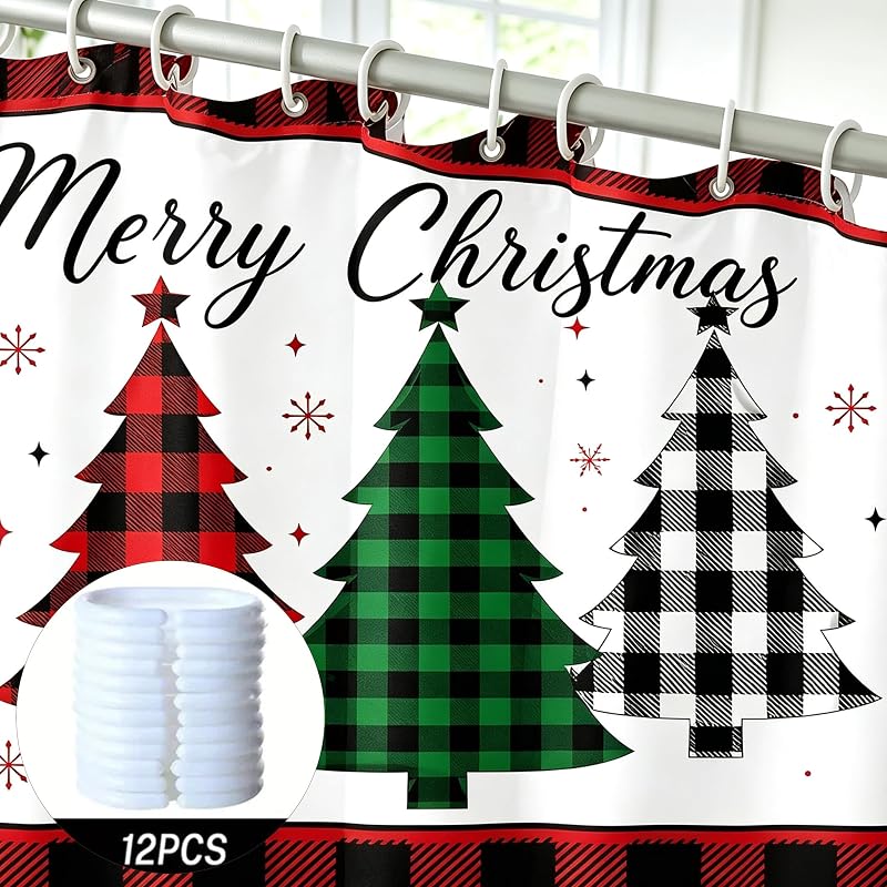 Christmas Shower Curtain Plaid Trees - 72 x 72 in, Farmhouse Decor, Pack of 1