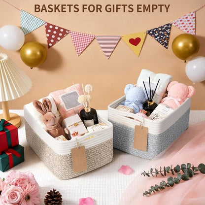 Goodpick Storage Baskets - 4 Pack Rectangle Woven Bins for Organizing Baby Toys | 13''L x 8''W x 6''H, Brown & White
