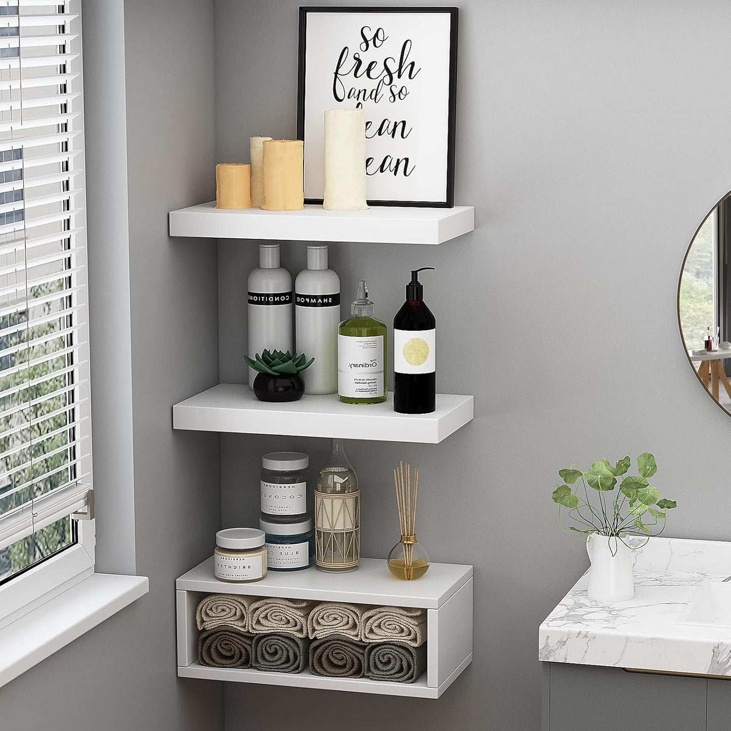 RANK Bathroom Shelves Over Toilet - Wall-Mounted Floating Storage for Toilet Paper | Set of 3, 16 Inch, White