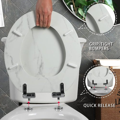 Angel Shield Marble Toilet Seat Durable Molded Wood with Quiet Close,Easy Clean，Quick-Release Hinges (Round,White Marble)