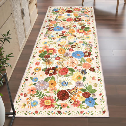 Skiennix Runner Rug - Non-Slip Washable Floral Carpet for Hallways & Kitchens | 2x6 Feet, Beige