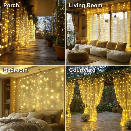 HXWEIYE 300LED Fairy Curtain Lights - 9.8x9.8Ft USB Plug-In with Remote | 8 Modes for Indoor Decor, Warm White
